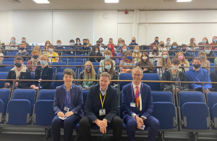 Pictured; Steve Brine MP with Principal Jonathan Prest and politics teacher Jan Vass; with students.